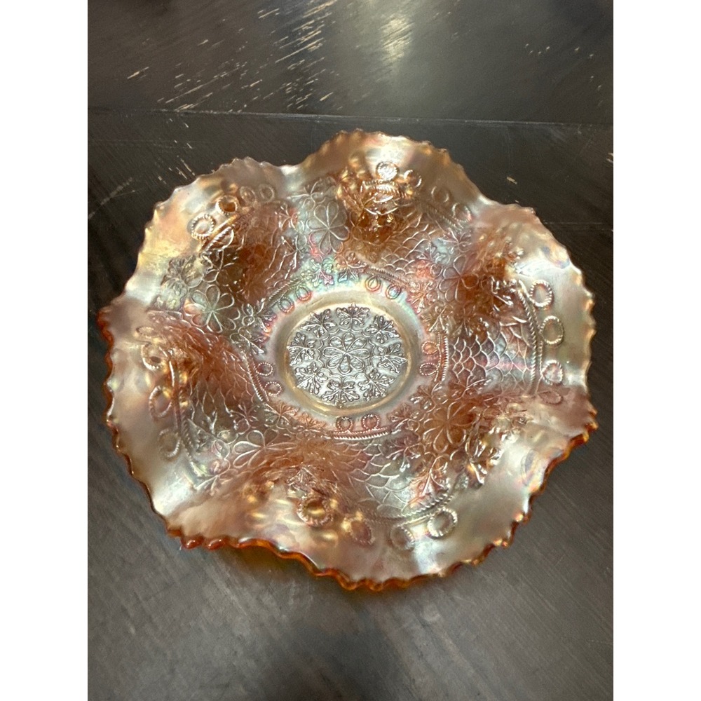 Vintage Marigold Carnival Glass Ruffled Bowl Floral‎ Fish Scale Iridescent 7.5"
